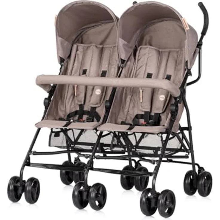 Chipolino Zwillingskinderwagen Double Point, klappbar mit großem Einkaufskorb, verstellbaren Rückenlehnen und Sonnendächern, beige – Bild 2