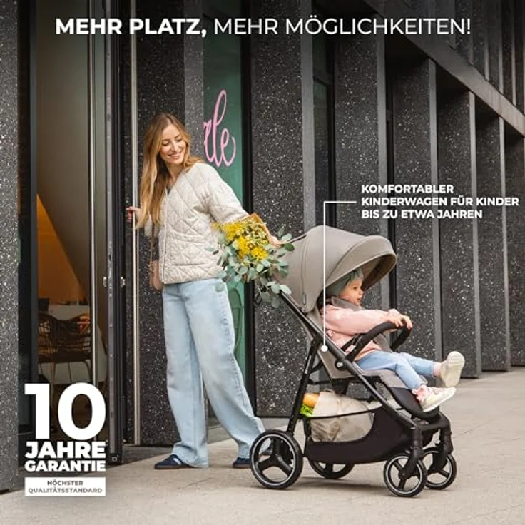 Kinderkraft TRIG 3 Kinderwagen, Kinderbuggy, Liegewagen, Sportwagen, Buggy, Zusammenklappen, Breiter und tiefer Sitz, mit Liegeposition, 4 Rad Dämpfung, Großes Dach, 5-Punkt-Gurt, bis zu 25 kg, Beige – Bild 2