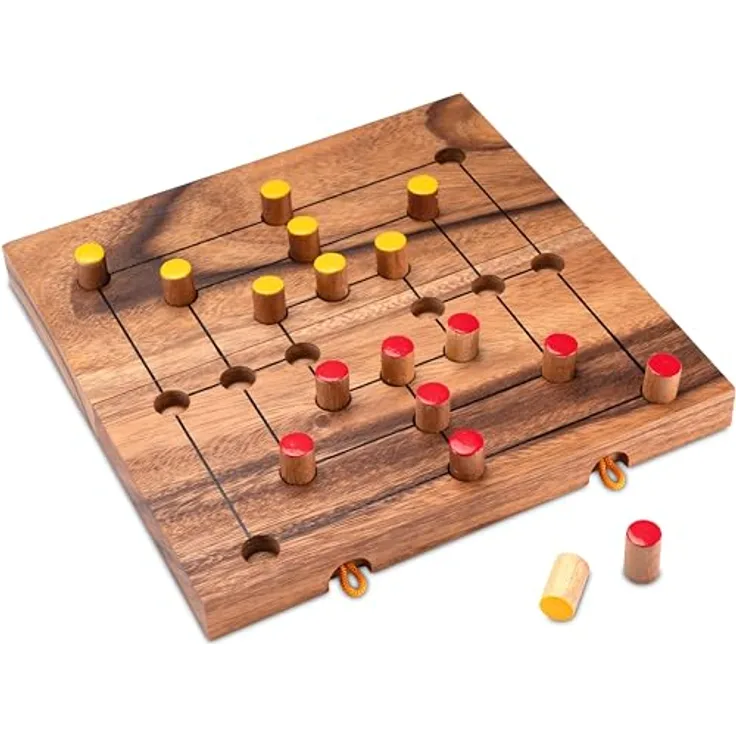 LOGOPLAY Spiel Mühle Gr. XL klappbar, Gesellschaftsspiel für 2 Spieler, mit farbigen Steckern und stabilem Holzkasten, gelb/rot