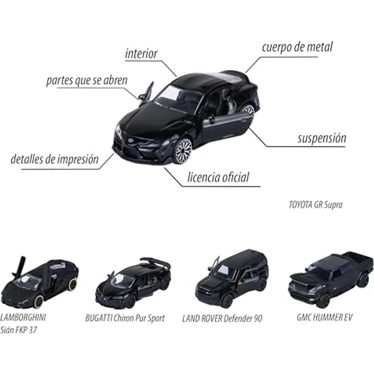 Majorette Auto-Set Black Edition, 5 schwarze Modellautos aus Metall mit Freilauf, Federung & zu öffnendem Teil, Spielzeugautos für Sammler und Kinder ab 3 Jahre, je 7,5 cm – Bild 2