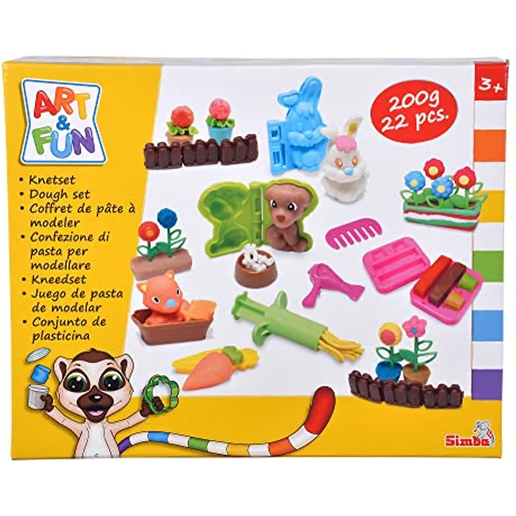 Simba 106324616 Art and Fun Knetset Tierfreunde, 4X 50g Knete, Spritze, Clip Formen, 3D Förmchen, 22 Teile, Zubehör, ab 3 Jahre, Mehrfarbig