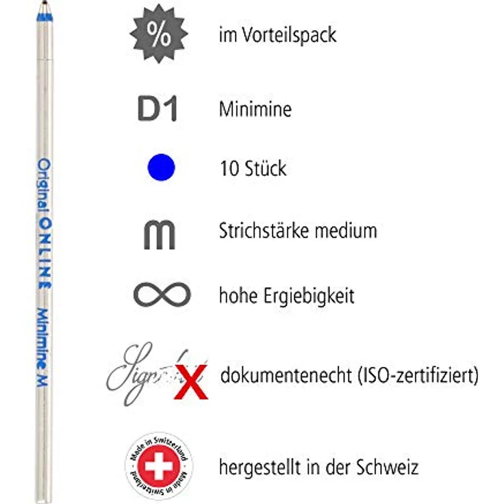 10x Mini-Kugelschreiber Ersatzminen von Online, Internationale Standard D1 Minen, Strichstärke M, dokumentenecht, Set Kugelschreiberminen, Schreibfarbe blau – Bild 2