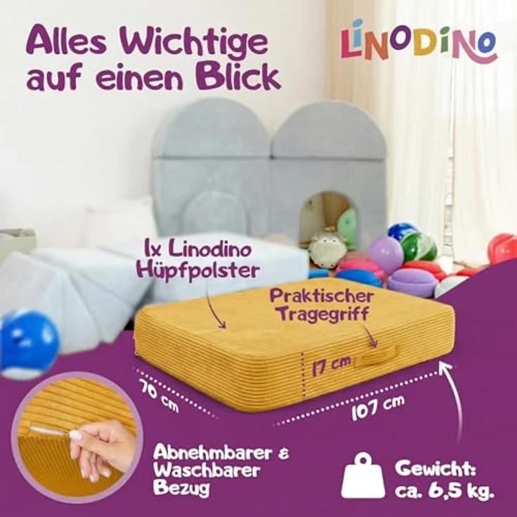 Hüpfpolster Gänseblümchen Gelb mit Federkern, rutschfester Unterseite, Tragegriff und abnehmbarem, waschbarem Cord-Bezug – Bild 7