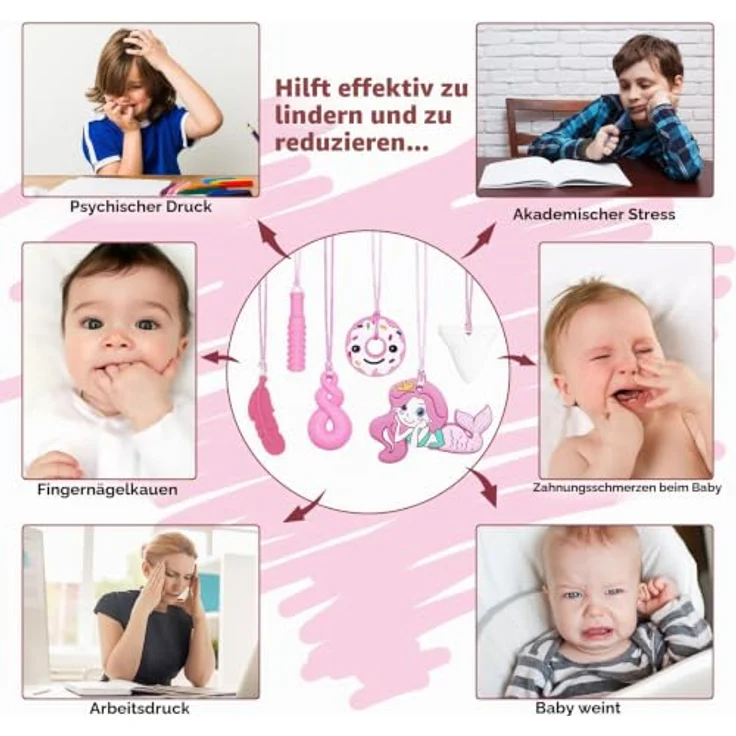 CLDY 6 Stück Sensory Chew Necklace, Beißkette aus BPA-freiem Silikon, für Kinder mit stressreduzierenden Texturen – Bild 5