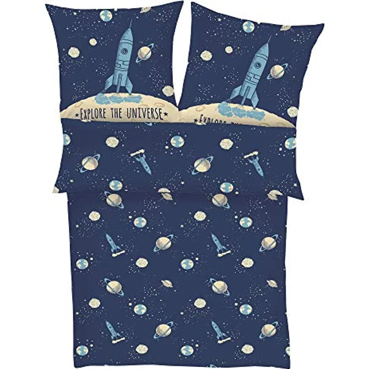 s.Oliver Kinderbettwäsche Universum 135x200 cm - 100% Baumwolle, praktischer Reißverschluss & maschinenwaschbar, Bettwäsche für Kinder Astronaut & Rakete 2tlg. blau