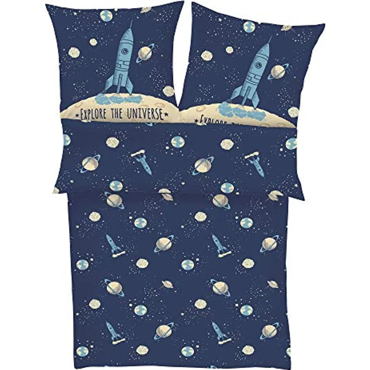 s.Oliver Kinderbettwäsche Universum 135x200 cm - 100% Baumwolle, praktischer Reißverschluss & maschinenwaschbar, Bettwäsche für Kinder Astronaut & Rakete 2tlg. blau – Bild 1