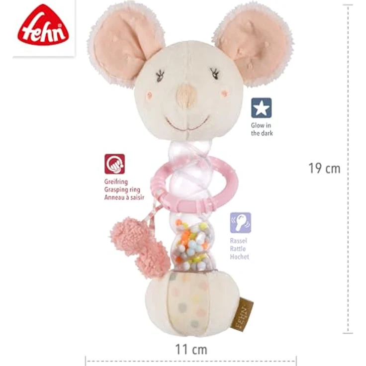 Fehn feehnLAND Regenmacher Maus, Greifspielzeug mit Rasselstab und „Glow-in-the-dark“ Bestickung, rosa – Bild 4