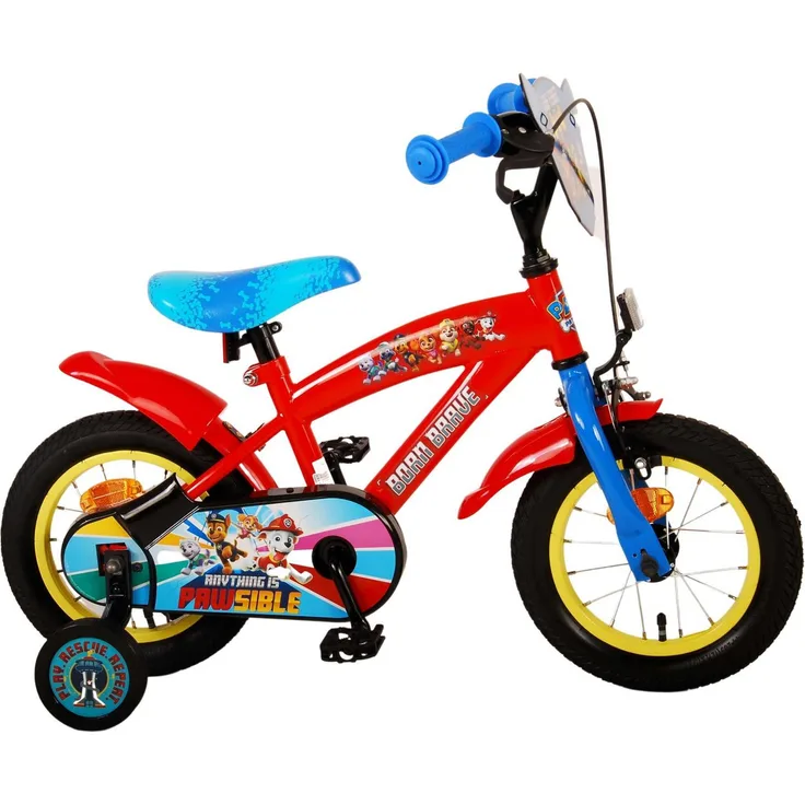 Volare Kinderfahrrad Paw Patrol 12 Zoll für Jungen in Rot/Blau, mit Rücktrittbremse und abnehmbaren Seitenrädern