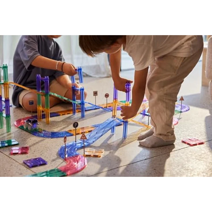 Cleverclixx Autobahn-Bausatz, 80 Teile Magnetspielbausteine in Pastellfarben, langlebiges Magnetspielzeug, robuste Bauweise, erweiterbare Sets – Bild 2