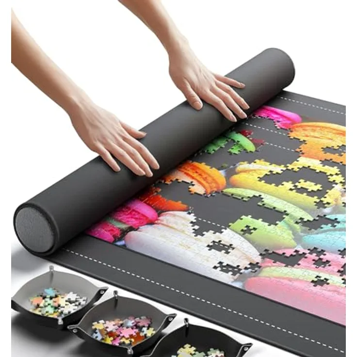 Newverest Puzzlematte zum Aufrollen 117 x 66 cm, für bis zu 1500 Teile, rutschfeste Unterseite, glatte Oberfläche, 3 Sortierschalen und Tragetasche für Reisen