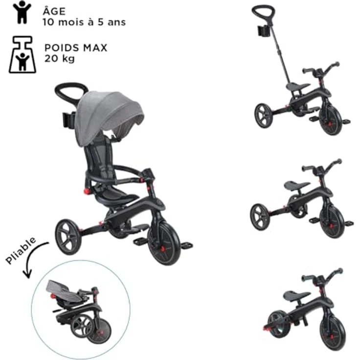 Globber Explorer Trike Foldable 4in1 schwarz-grau – Kinderfahrzeug mit höhenverstellbarem TPR-Sitz und Sicherheitsausstattung – Bild 3