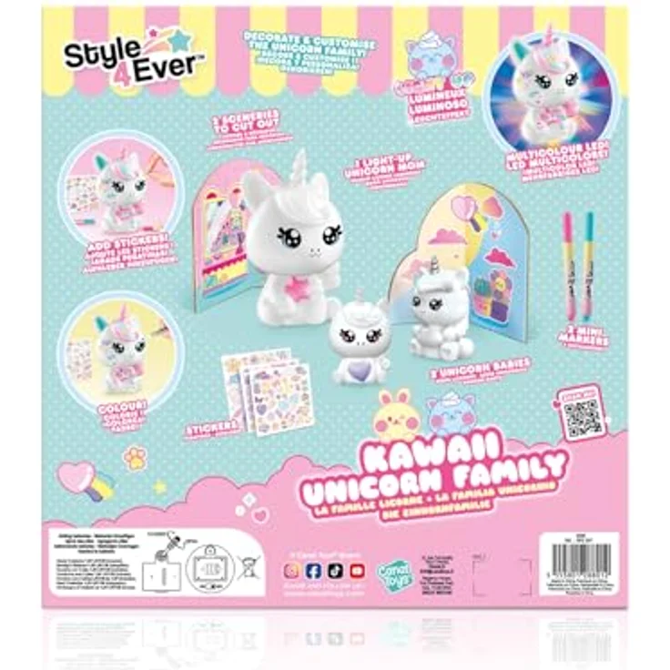 Canal Toys The Unicorn Family Light Up, Sammelfiguren mit leuchtender Einhorn-Mama und leuchtenden Baby-Einhörnern, 3 Stickerblätter, 2 Marker – Bild 4