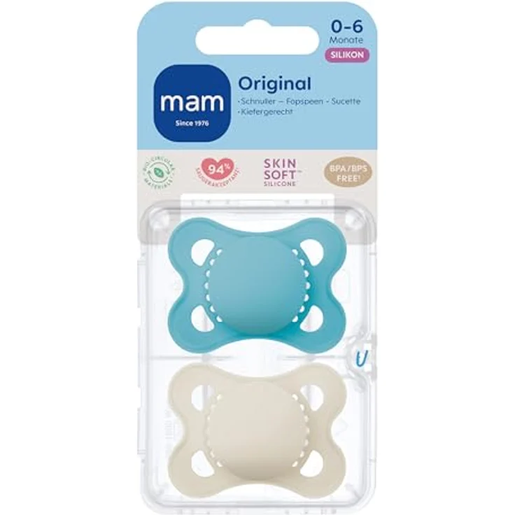 MAM Original Pure Schnuller im 2er-Set, zahnfreundlicher Baby Schnuller aus nachhaltigem & bio-erneuerbarem Material, Sauger aus MAM SkinSoft Silikon, mit Schnullerbox, 0-6 Monate, blau/beige – Bild 3