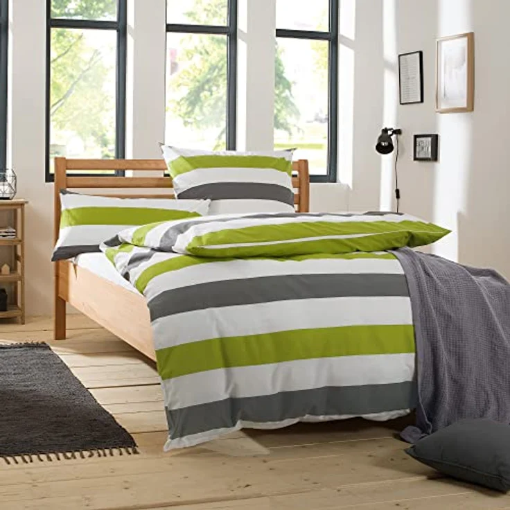 REDBEST Renforcé Bettwäsche-Set - mit Reißverschluss - atmungsaktiv, strapazierstark - 100% Baumwolle - grün-grau-weiß - Größe 135x200 cm (80x80 cm) - weitere Farben – Bild 2