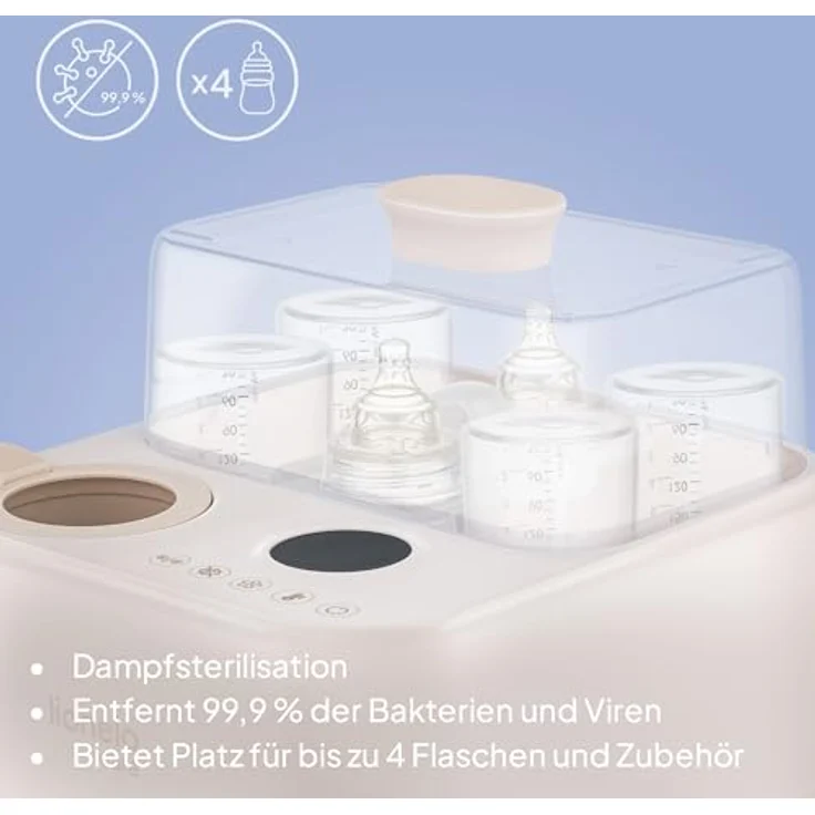 Lionelo SteamUp 3in1 Sterilisator für Babyflaschen, Dampfsterilisator mit Trockner & Flaschenwärmer, 99,99% Keimreduktion, Touchpanel, Abschaltautomatik, BPA-frei, für 4 Flaschen – Bild 3