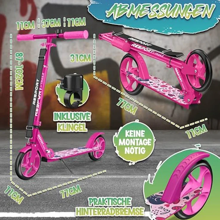 RE:SPORT Cityroller RE:SPORT® Trailz, höhenverstellbar & klappbar, 200mm Räder, inkl. Tragegurt & Klingel, bis 100 kg belastbar, für Kinder & Erwachsene – Bild 8