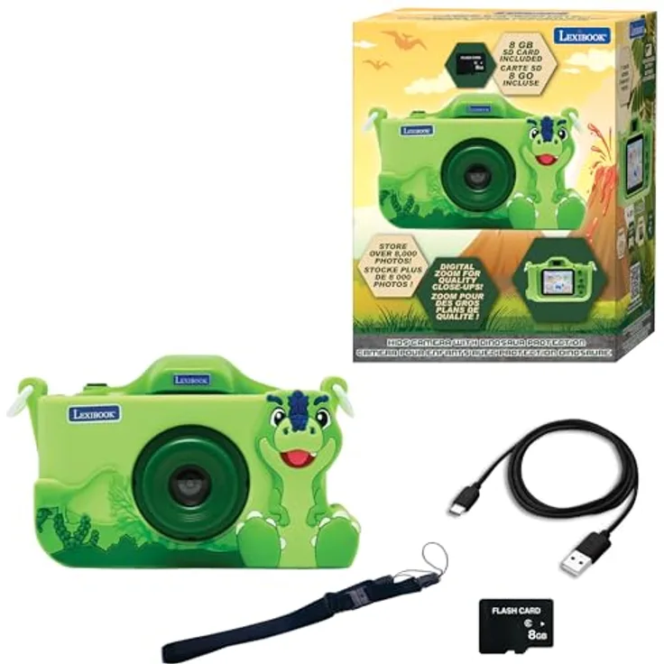 Lexibook DJ078DINO, 4-in-1 Kinderkamera im Dinosaurier-Design, mit variabler Bildauflösung bis 40M, Schutzgehäuse & MP3-Funktion, grün