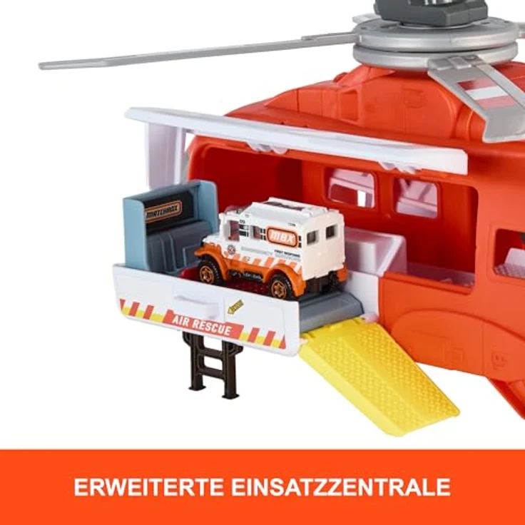 Matchbox Transport Helicopter, Rettungshubschrauber mit durch Bedienung aktivierbarem Propeller, Winde und 1:64 Die-Cast-Rettungswagen, 40 cm – Bild 3