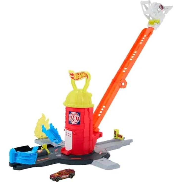 Hot Wheels City Super Feuerwehrwache, Spielset mit Schwerkraftabwurf und 1:64 Feuerwehrwagen, ab 4 Jahren