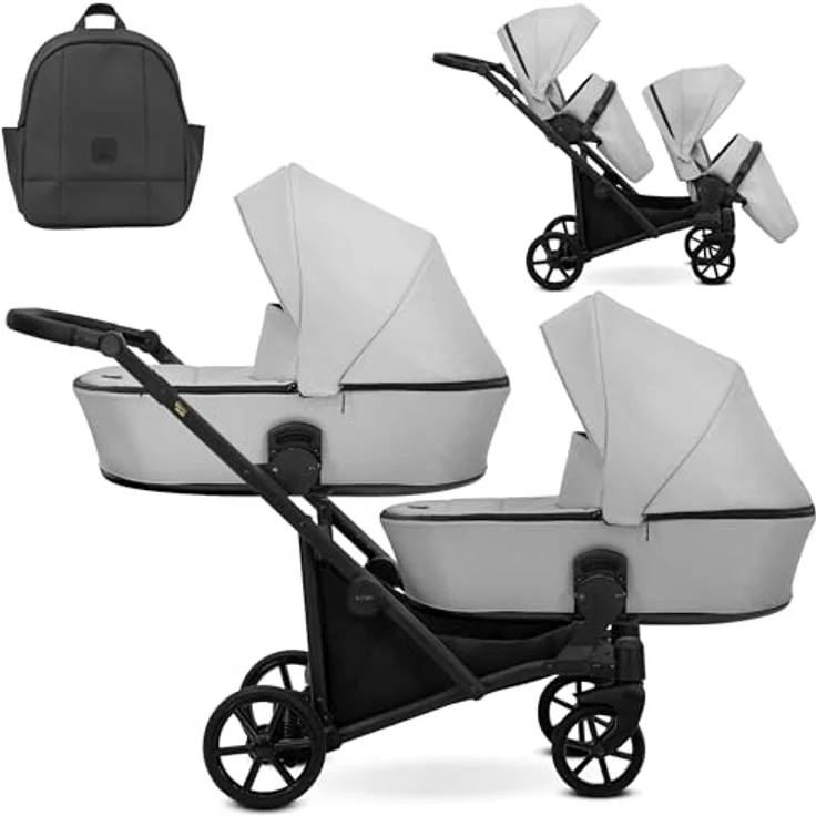 Kunert BRAV DUO Zwillingskinderwagen 2 in 1, Aluminiumrahmen grau/schwarz, mit gepolsterten Babyschalen, verstellbaren Rückenlehnen, Einkaufskorb und umfangreichem Zubehör – Bild 1
