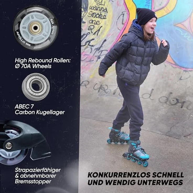 Apollo Champion, größenverstellbare Inliner für Jungs und Mädchen ab Größe 31, für Damen und Herren bis Größe 42, LED Rollen, mint – Bild 5