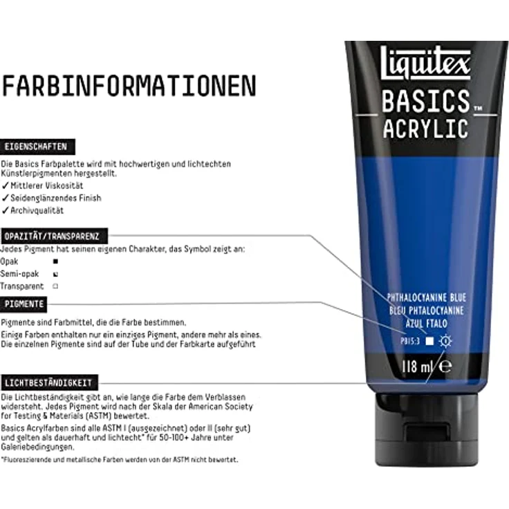 Liquitex Basics Acrylfarbe 8870025, monopigmentierte Künstlerpigmente, lichtecht, mittlere Viskosität, seidenglänzender Finish, 118ml Tube - Phthalozyaninblau – Bild 3