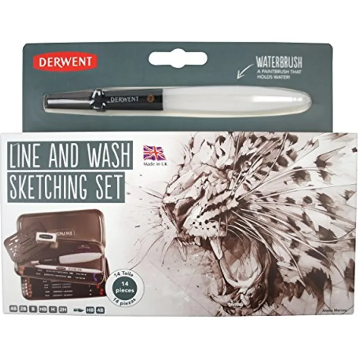 Derwent Line & Wash Sketching Set, Skizzierset, Zeichenset, Enthält 6 Graphit-Zeichenstifte, 2 Wasserlösliche Stifte & Zubehör, Professionelle Qualität, 2302162 14-teiliges Set