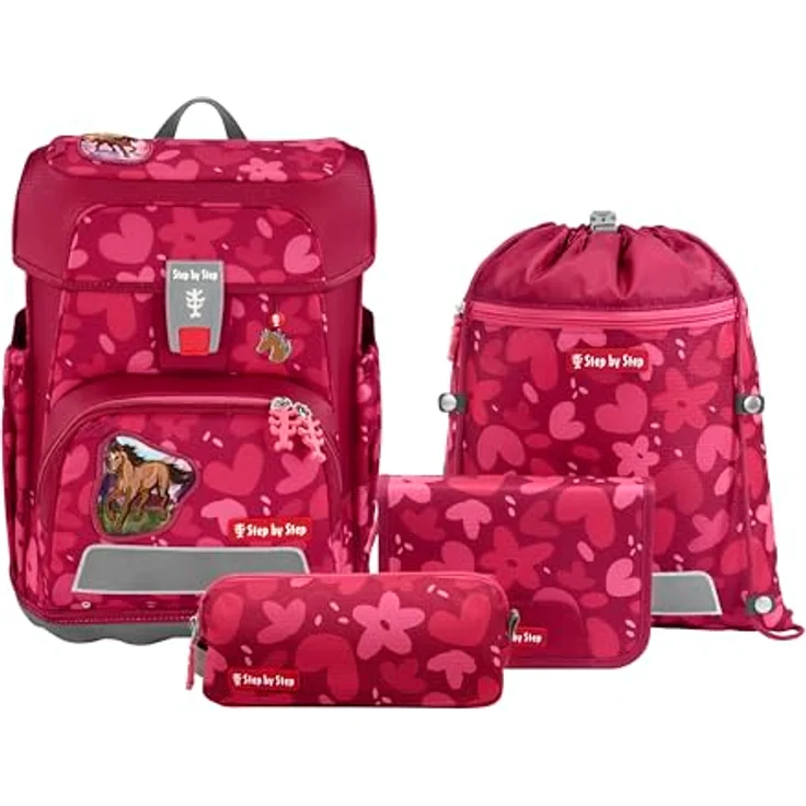 Step by Step Schulranzen-Set Cloud „Wild Horse Nora“, 5-teilig, rot, ergonomischer Tornister mit 19L, höhenverstellbar, reflektierend, inkl. Schulmaterial für Mädchen ab 1. Klasse – Bild 1