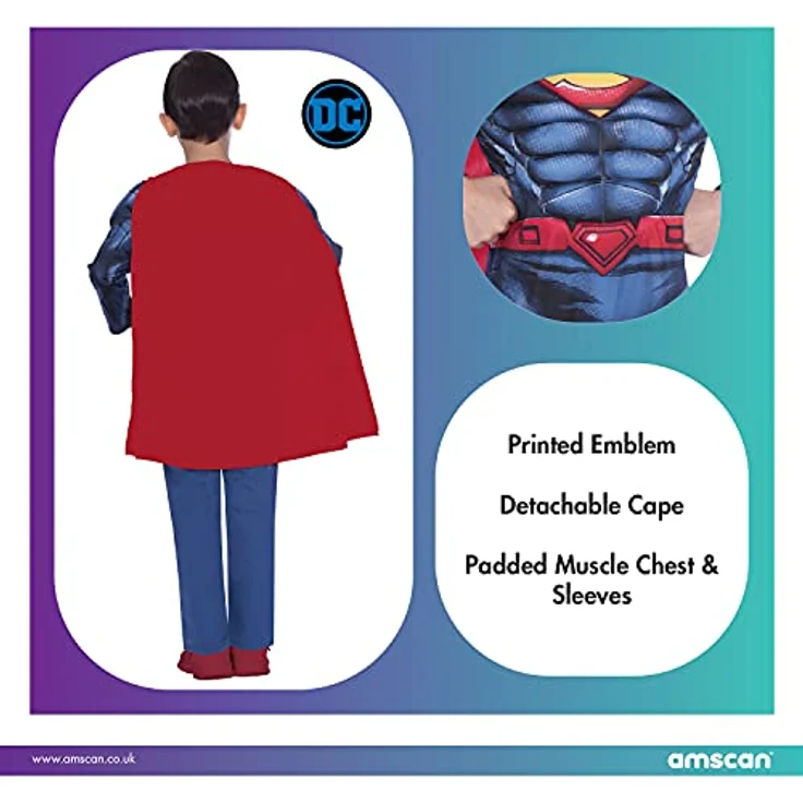 amscan Classic Child Kids Warner Bros Superman Fancy Dress Costume (8-10 Years) - Offiziell lizenziertes DC Comics Kostüm, Gepolsterter Overall mit Muskel, Abnehmbarer Umhang, Ideal für Superhelden-Motto-Partys, blau – Bild 5