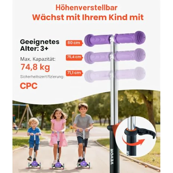 VEVOR Kinderroller, 3-Rad Scooter ab 3 Jahren mit höhenverstellbarem Lenker, rutschfestem Deck und leuchtenden 5-Zoll-Rädern, Lila, für bis zu 75 kg – Bild 2