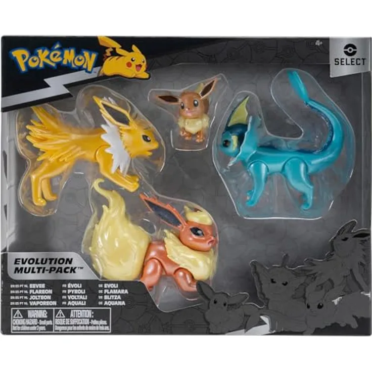 Jazwares Pokémon PKW2837 - Select Entwicklungs Multipack, Evoli, Aquana, Blitza, Flamara, 4 bewegliche Sammelfiguren mit exklusivem Finish