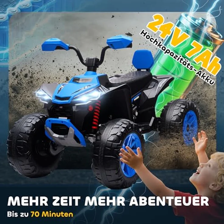 AIYAPLAY 24V Elektro Quad für Kinder, Kinderquad mit Vorwärts- und Rückwärtsfunktion, 2-Sitzer, 4 gefederte Räder, Scheinwerfer, USB- & MP3-Anschluss, 4-6,5 km/h, Blau – Bild 5
