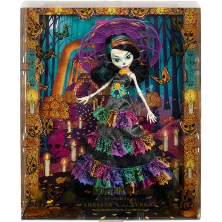 Monster High Skelita Calaveras Día de Muertos 2024 Howliday Puppe zum Sammeln mit La Catrina Hut und Papel Picado Kleid, HXH99