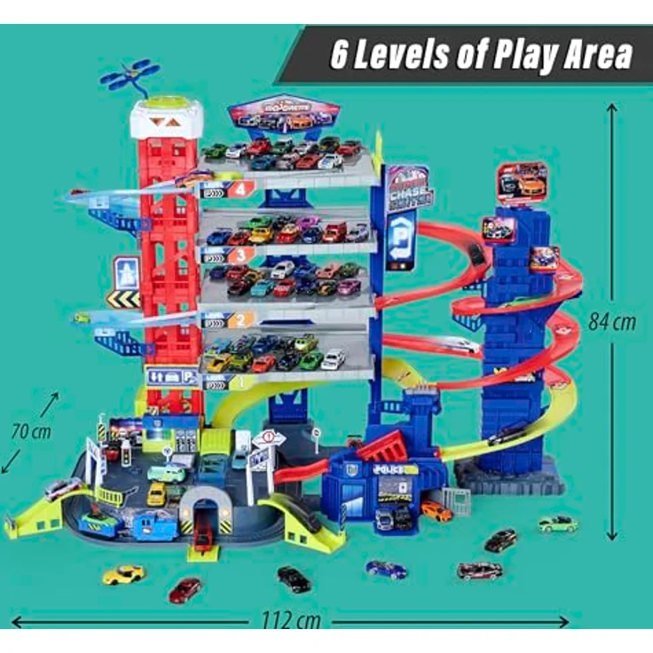 Majorette Super Chase Center, Parkhaus mit 6 Etagen, Verfolgungsjagd, inkl. 4 Die-Cast Spielzeugautos, Zug, Aufzug, Licht & Sound, Black – Bild 2