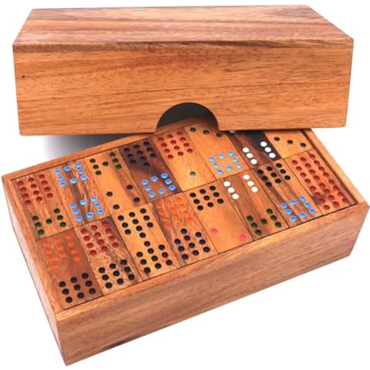 ROMBOL Domino Doppel 12, edles Holzdomino aus Samena-Holz mit Farbmulden für 2 bis 6 Personen, 98 Spielsteine – Bild 3