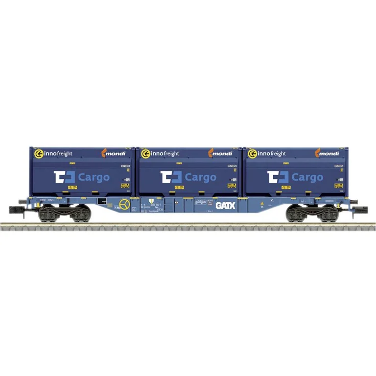 MiniTrix 18434 N Container-Tragwagen der GATX, vierachsiger Wagen mit 3 Schüttgutbehältern, Betriebszustand 2022