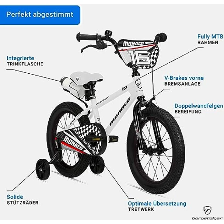 Bergsteiger Monaco 16 Zoll Kinderfahrrad, BMX für 4-6 Jahre, mit Stützrädern, Rücktrittbremse, Trinkflasche und Kettenschutz – Bild 5