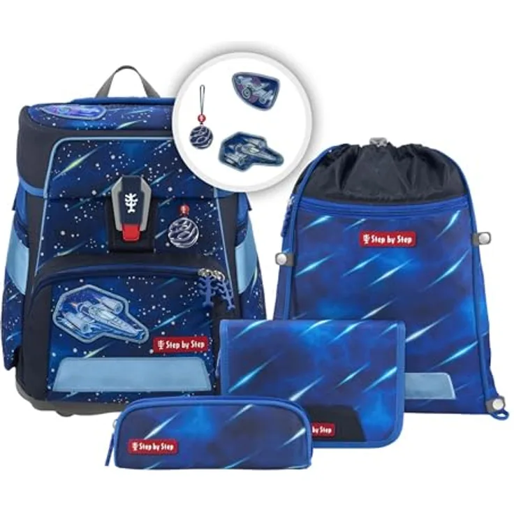 Step by Step Schulranzen-Set Space Reflect „Star Shuttle Elio“ 5-teilig, ergonomischer Tornister, Reflektoren, höhenverstellbar, Hüftgurt, Grundschule, 1. Klasse, 20L, blau-schwarz