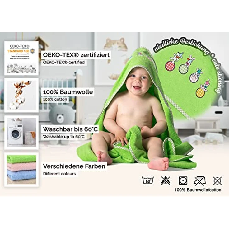 ZOLLNER Baby Kapuzenbadetuch, Kapuzenhandtuch, 100x100 cm, baumwolle, grün – Bild 2