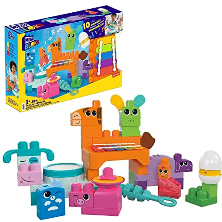 MEGA BLOCKS Fisher-Price sensorisches Bauspielzeugset, Musikspaß Bauernhoftiere mit 45 Bauklötzen für Kleinkinder und 6 Notenblättern, Geschenkideen für Kinder ab 1 Jahr, HPB46
