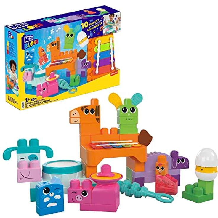 MEGA BLOCKS Fisher-Price sensorisches Bauspielzeugset, Musikspaß Bauernhoftiere mit 45 Bauklötzen für Kleinkinder und 6 Notenblättern, Geschenkideen für Kinder ab 1 Jahr, HPB46 – Bild 1