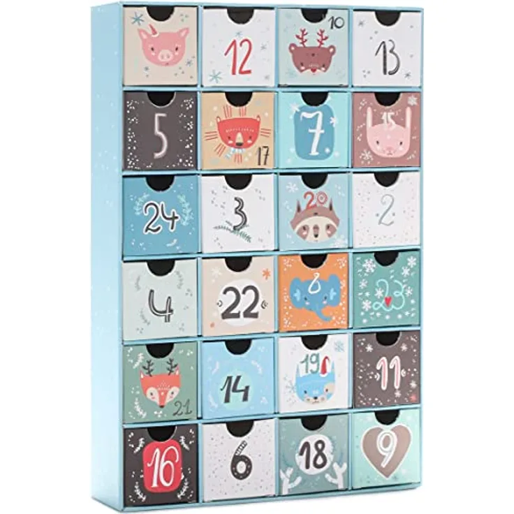 BRUBAKER Adventskalender zum Befüllen - Tierische Weihnachten Blau - 32,5 cm groß, DIY Weihnachtskalender mit 24 Türchen