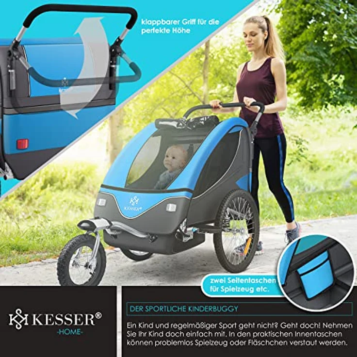 KESSER® Cruiser Kinderanhänger Fahrradanhänger 360° Drehbar mit Federung 2in1 Joggerfunktion Kinderfahrradanhänger + 5-Punkt Gurt Jogger Fahrrad Anhänger für 1 bis 2 Kinder max. 40kg Blau – Bild 7