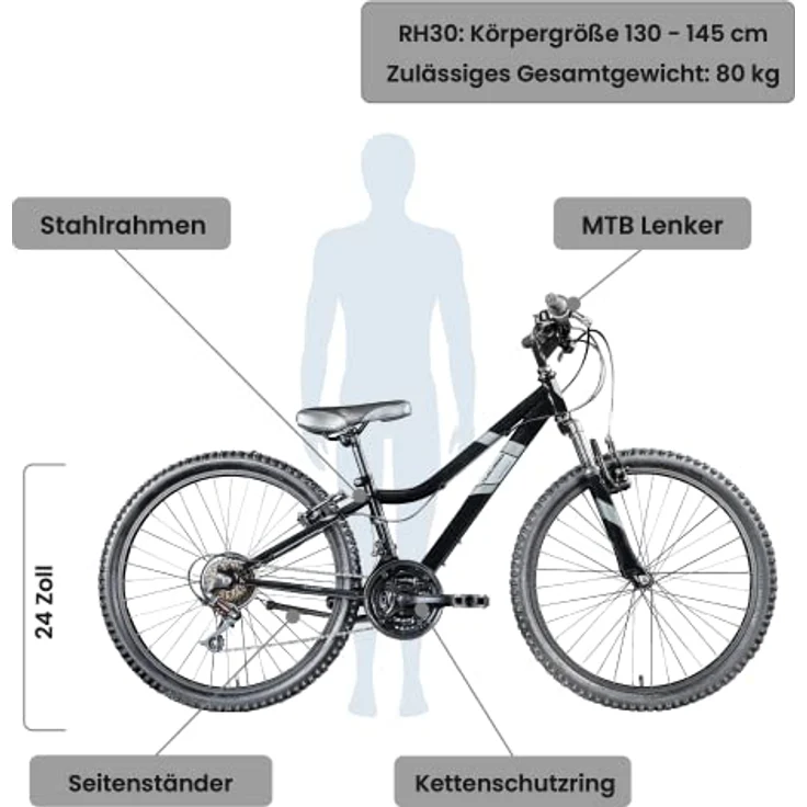 Galano GA20 Mountainbike 24 Zoll Jungen Mädchen Fahrrad für Jugendliche Jugendfahrrad MTB Hardtail Jugend Kinder Fahrrad ab 8 Jahre Mountain Bike 21 Gänge (schwarz/grau, 30 cm) – Bild 2
