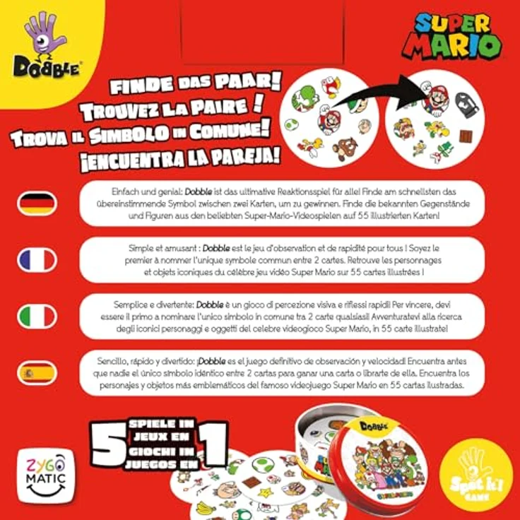 Zygomatic Dobble Super Mario, Familienspiel Kartenspiel, 2-8 Spieler, Ab 6+ Jahren, 15 Minuten, Deutsch, Mehrsprachig - Preisvergleich – Bild 4