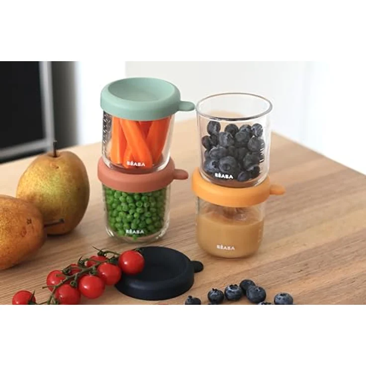Beaba Glasportionenset, Babynahrungsbehälter mit 4 x 250 ml Portionengläschen, hitzebeständig und mit hermetischen Silikondeckeln, transparent – Bild 6