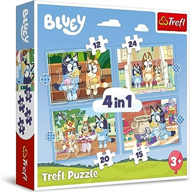 Trefl 4 in 1 Puzzle - Bluey, Kinderpuzzle mit kreativen Illustrationen, für verschiedene Altersgruppen geeignet