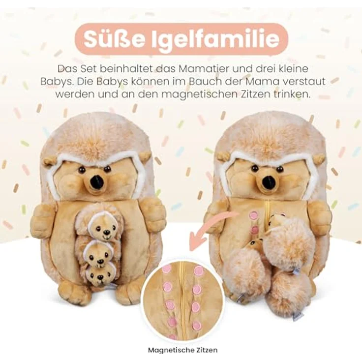 Mamanimals Igel Kuscheltier mit 3 Baby Igeln, Plüschset mit Reißverschluss und magnetischen Zitzen zum Säugen, CE-zertifiziert für Kinder ab 0+ Jahren – Bild 3