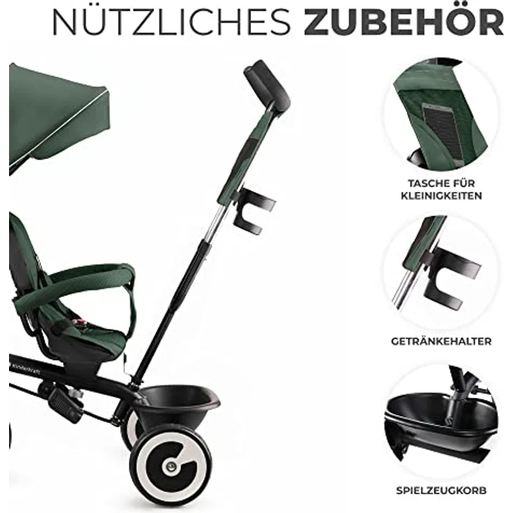 Kinderkraft ASTON Dreirad ab 9 Monate bis 25 kg, Kinderdreirad mit schubstange, drehbarer Sitz, ausklappbares Verdeck, Grün – Bild 5