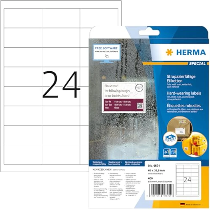 HERMA 600 wetterfeste Folienetiketten 4691, weiß, 66,0 x 33,8 mm, selbstklebend, abwaschbar, reißfest, Lösungsmittelfrei – Bild 1